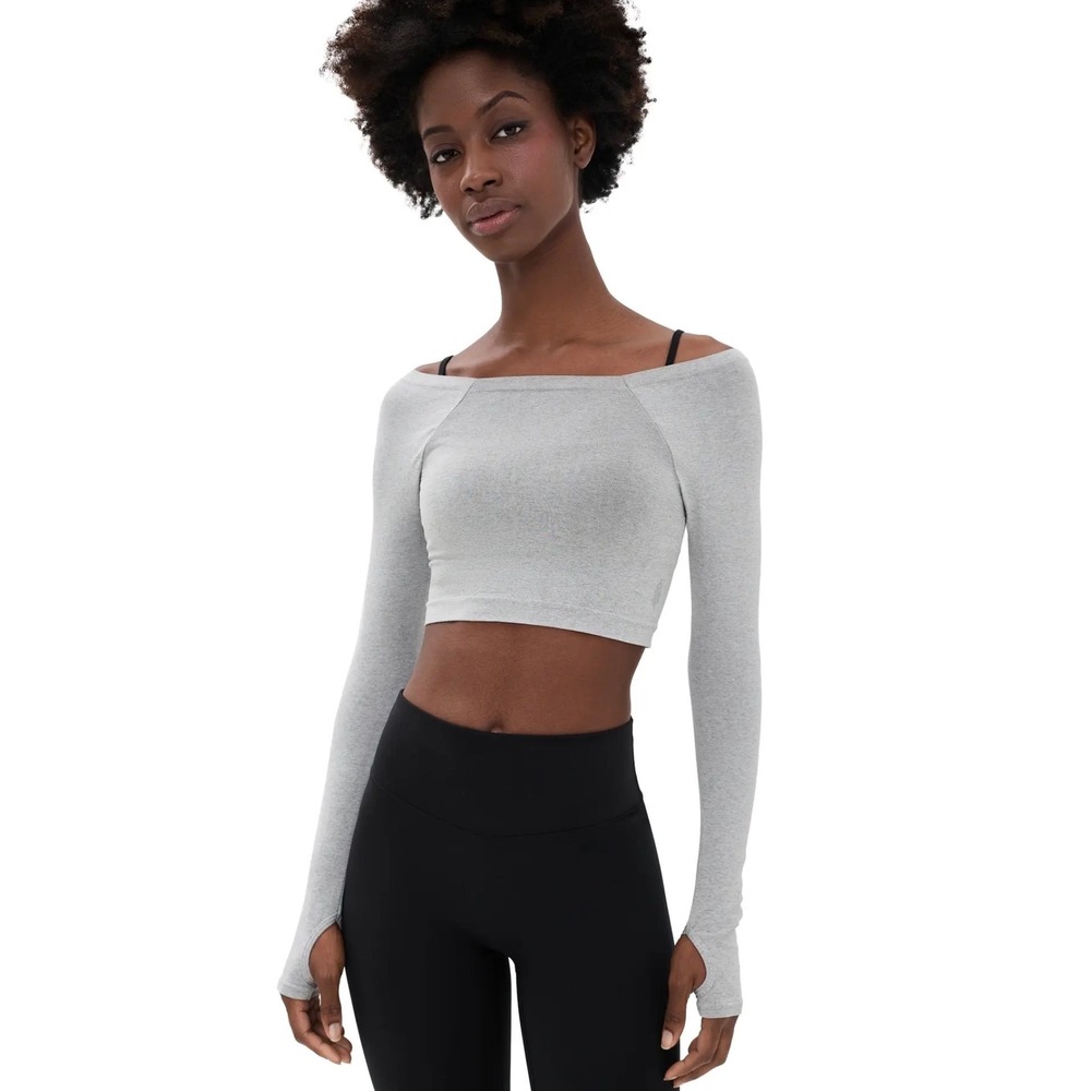 FP Movement Free People Heather Grey Off The Shoulder Crop Top Thumbholes XS NWT